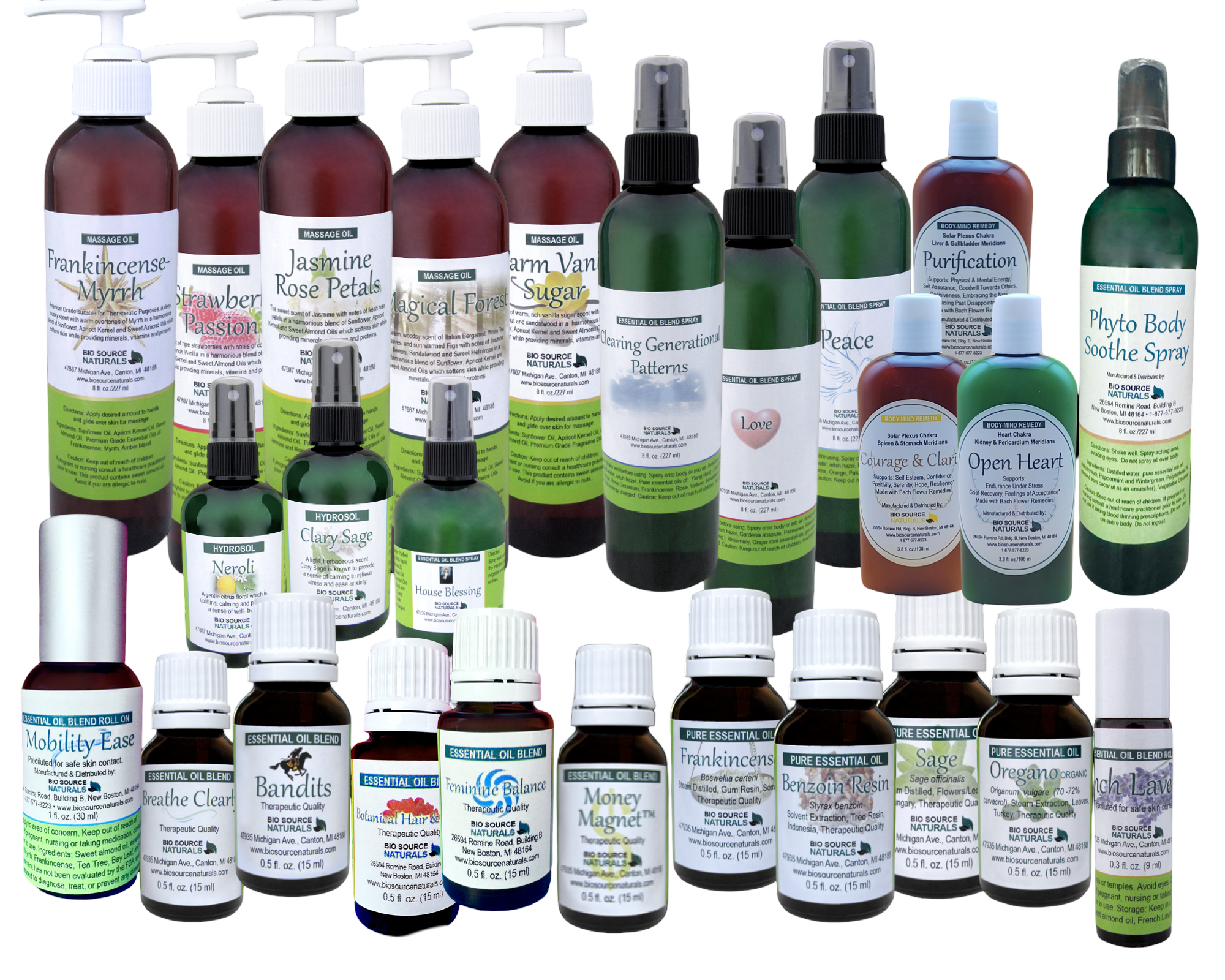 Biosource Naturals massage oils, sprays, pure essential oils hydrosols, roll ons, body mind lotions