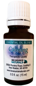 Calming Essential Oil Blend in .5 fl oz or 15 ml amber glass bottle. Calming blend contains pure essential oils of Lavender, Rose, Cedarwood, Lemongrass.