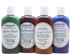 Set of four Body-Mind Remedy Lotions. Open Heart, Purification, Courage and Clarity, Stress Relief lotions. Each formulated to support energy balance of chakras and meridians. Helpful to support emotions related to each body-mapped chakra and meridian noted on bottle labels. Made with Bach Flower Remedies, pure essential oils, artisan gem elixirs. Color charged.