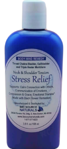 Stress Relief Body-Mind Remedy Lotion for throat chakra and bladder, gallbladder, and triple heater meridians. Helpful to support emotions of calm connection with others, communication of emotions, compassion and grace, emotional stamina. Made with Bach Flower Remedies, pure essential oils, artisan gem elixirs. Color charged.